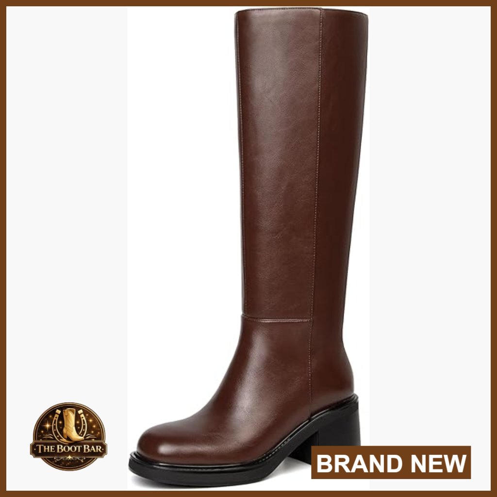 Women's Knee High Boots Chunky Block Heel Wide Calf Round Toe Leather